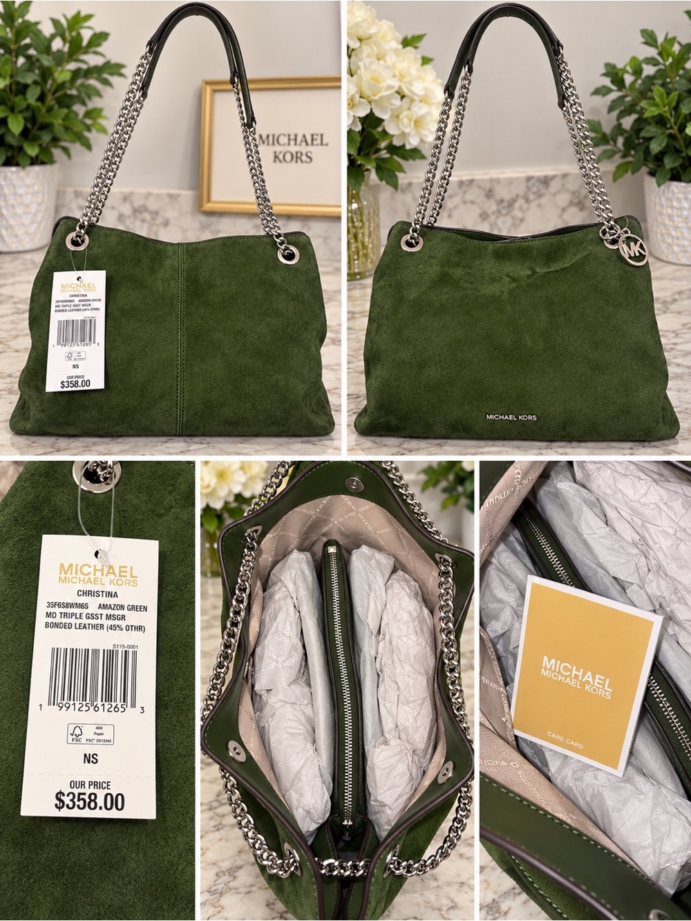 Michael Kors Amazon Green Suede Shoulder Bag with Silver Chain